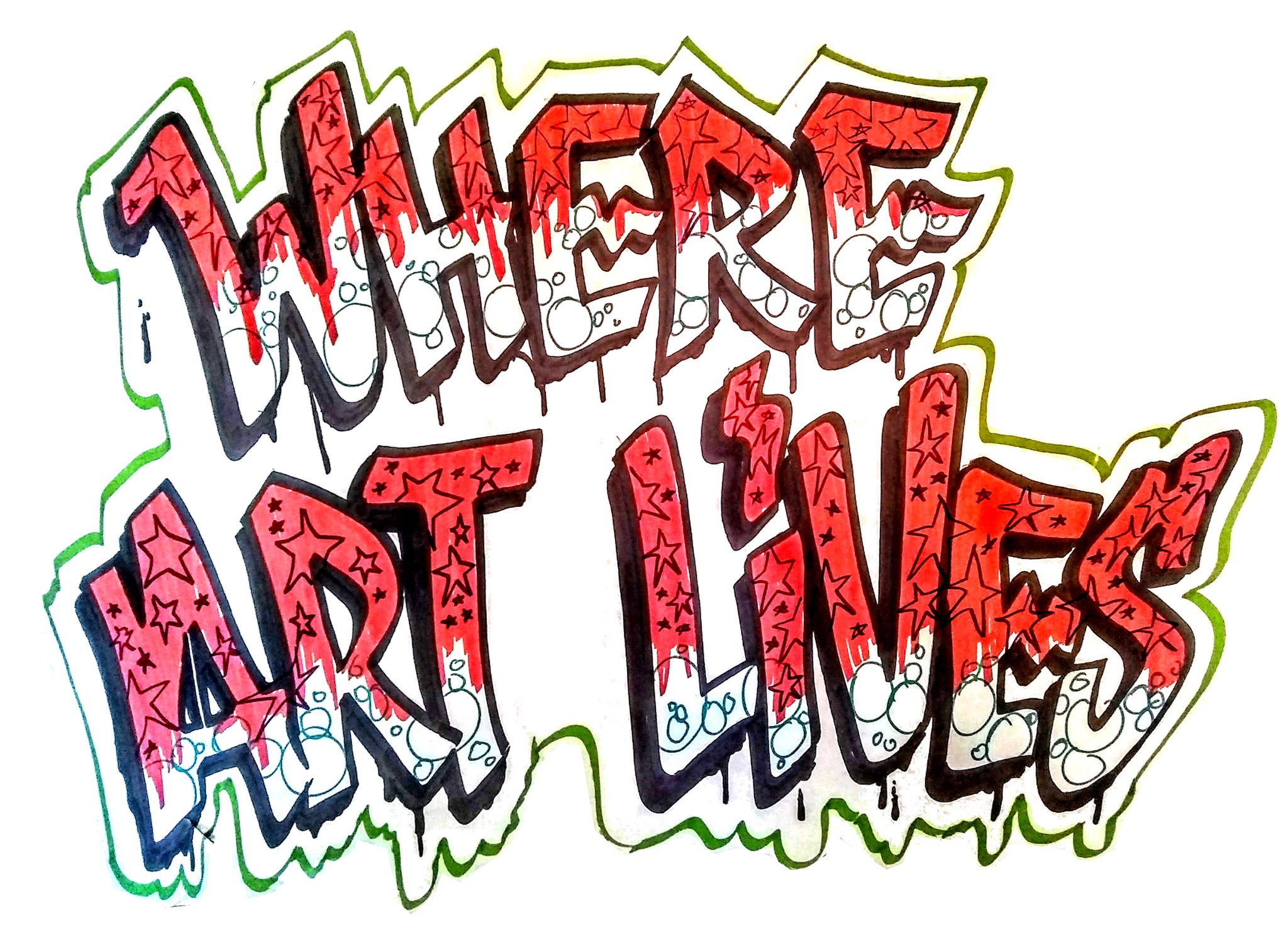 Graffiti style text in red and white that reads Where Art Lives
