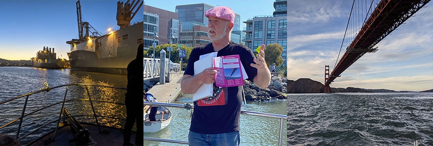 Tryptich image of Bay Boat Tours with historian and guide Chris Carlsson 