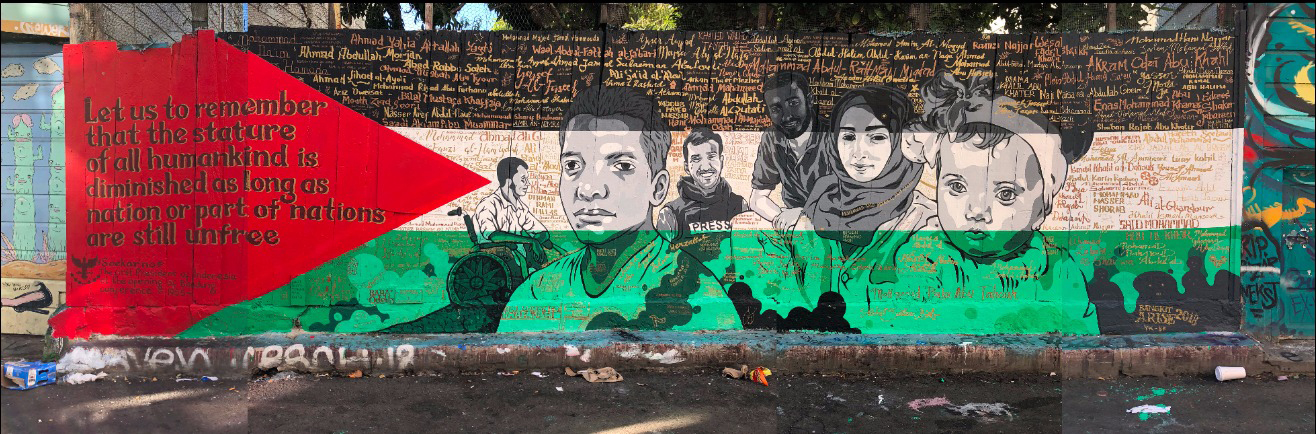 Bangkit Palestina! by AROC, Bambang Toko, Bangkit/Arise, Harind Arvati, Nano Warsono, Ucup, Vina Puspita, and Wedhar Riyadi, San Francisco - Clarion Alley Mural Project (2018)