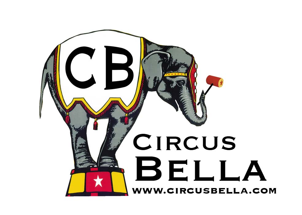 Cartoon logo for Circus Bella showing a elephant standing on a small yellow and red platform