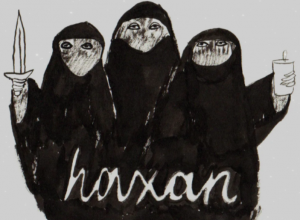 Drawing of three Pagan figures in black cloaks