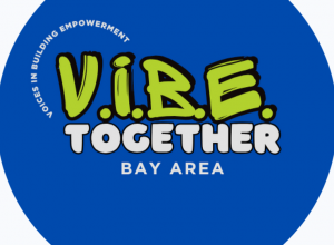 Blue background, The word V.I.B.E in a lime green font  